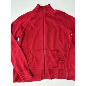 RuffHewn Mens Red Full Zip Cotton Cardigan Sweater Elbow Patches Mock Neck L